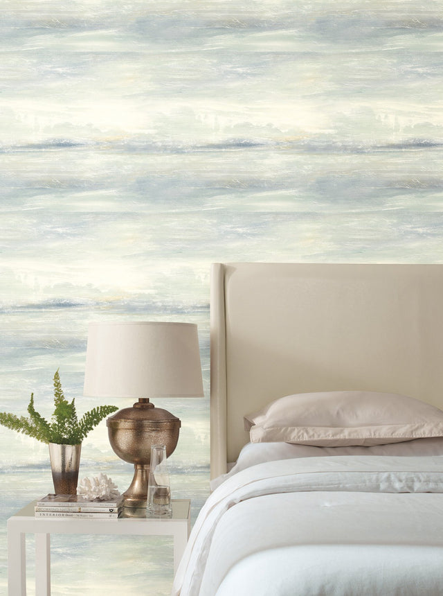 Soothing Mists Scenic Blue Oasis Wallpaper with Watercolor Stripe Motif - York EV3988