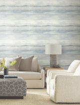 Soothing Mists Scenic Blue Oasis Wallpaper with Watercolor Stripe Motif - York EV3988