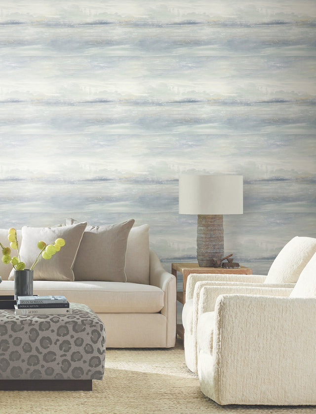 Soothing Mists Scenic Blue Oasis Wallpaper with Watercolor Stripe Motif - York EV3988