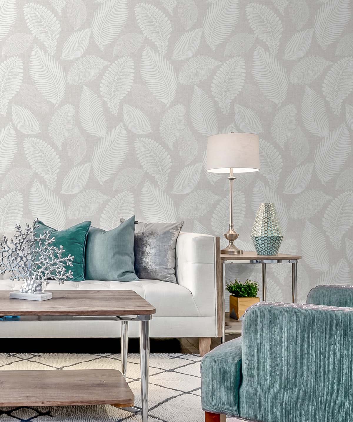 Tossed Leaves Dove Greige by White Heron Botanical Wallpaper – Seabrook Designs EW10007
