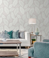 Tossed Leaves Dove Greige by White Heron Botanical Wallpaper – Seabrook Designs EW10007