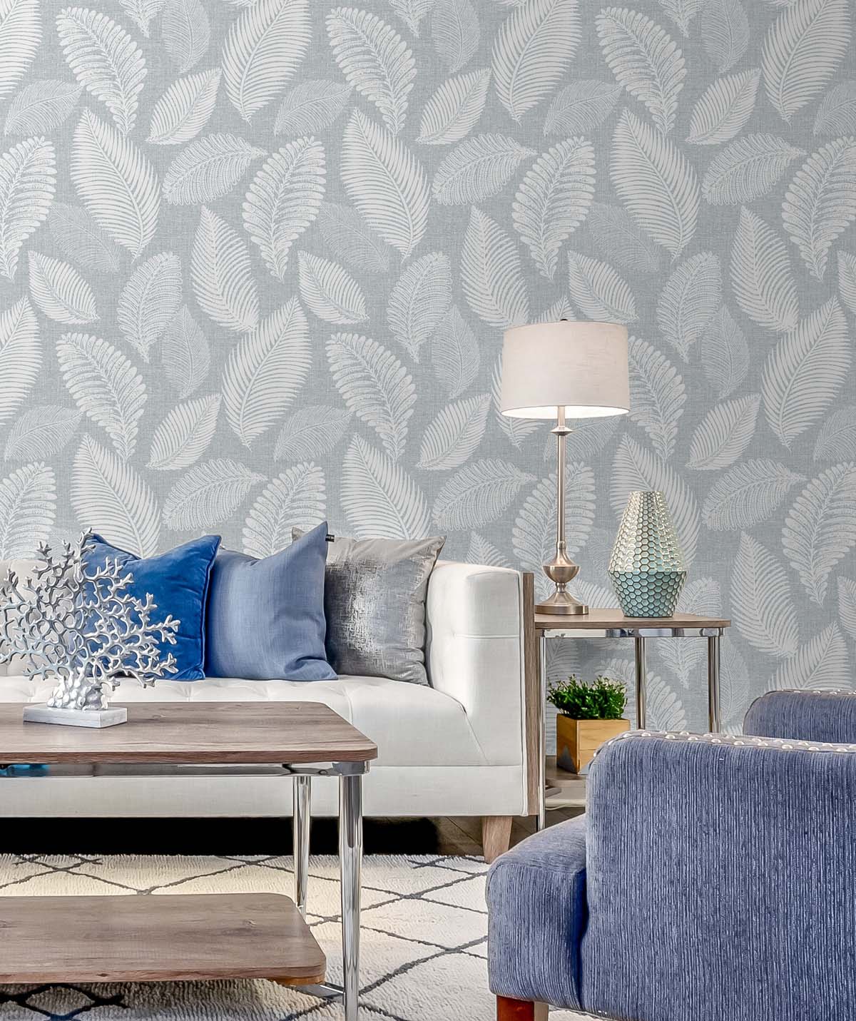 Tossed Leaves Ice by White Heron Botanical Leaf Wallpaper – Seabrook Designs EW10028