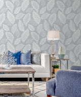 Tossed Leaves Ice by White Heron Botanical Leaf Wallpaper – Seabrook Designs EW10028