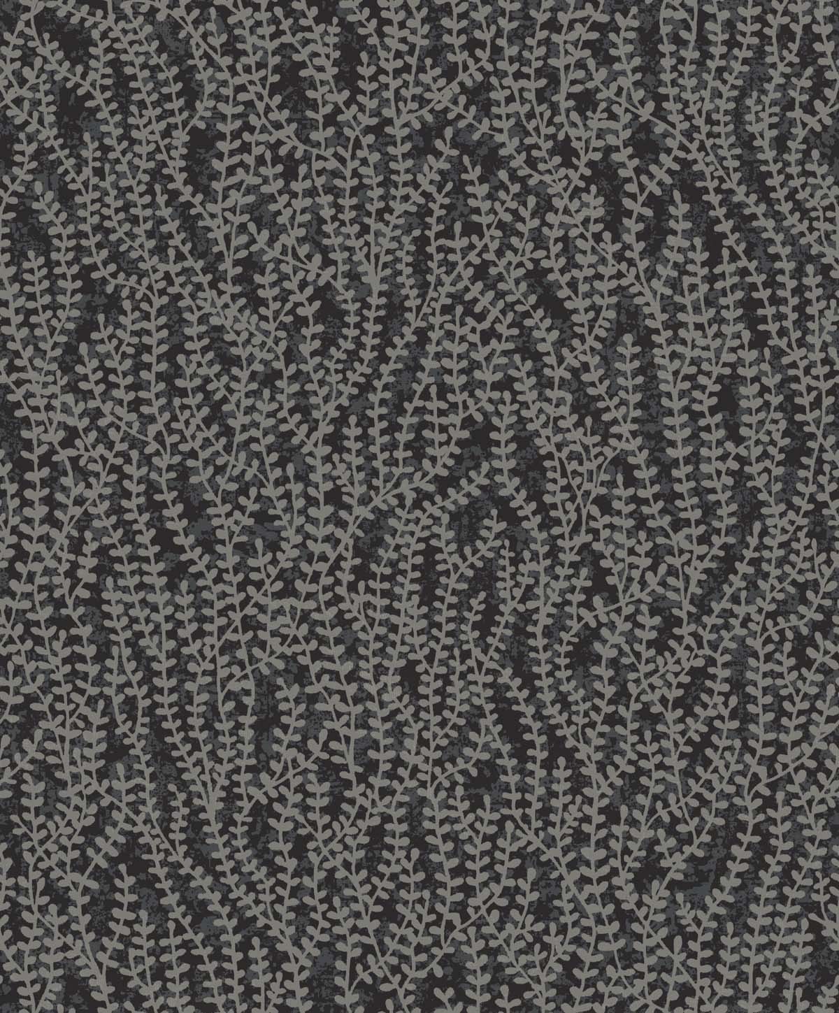 Seaweed Beaded Branches wallpaper in Silver Glass with metallic glass bead seaweed branch pattern on a dark ground.