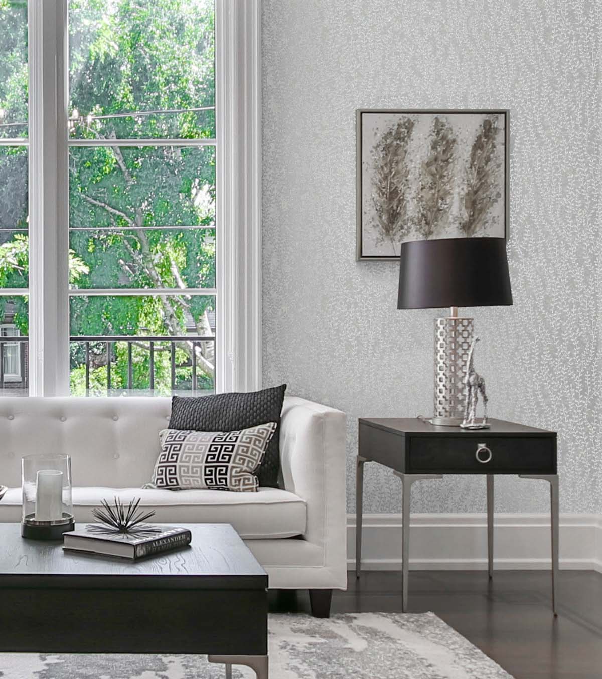 Seaweed Beaded Branches Grey by White Heron Metallic Glass Beaded Botanical Wallpaper – Seabrook Designs EW10608