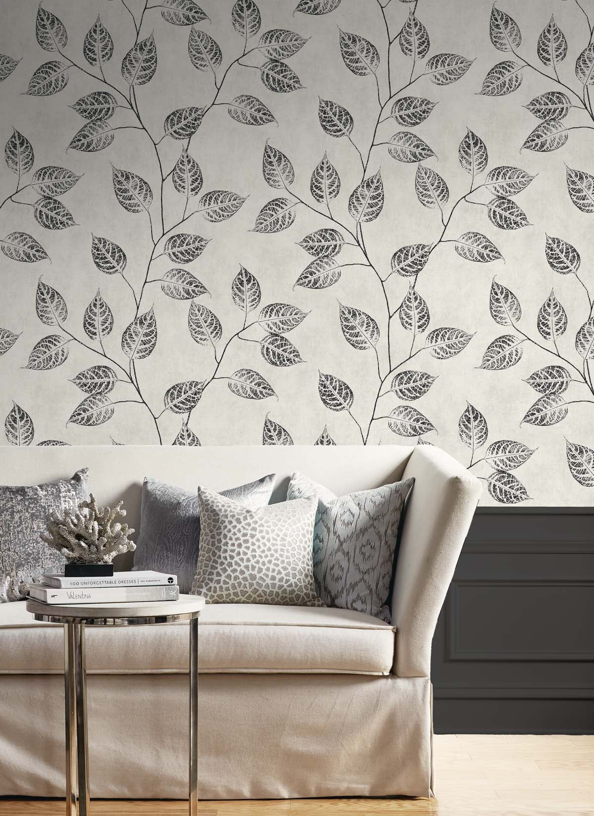Branch Trail Silhouette Black and White by White Heron Botanical Silhouette Wallpaper – Seabrook Designs EW10820