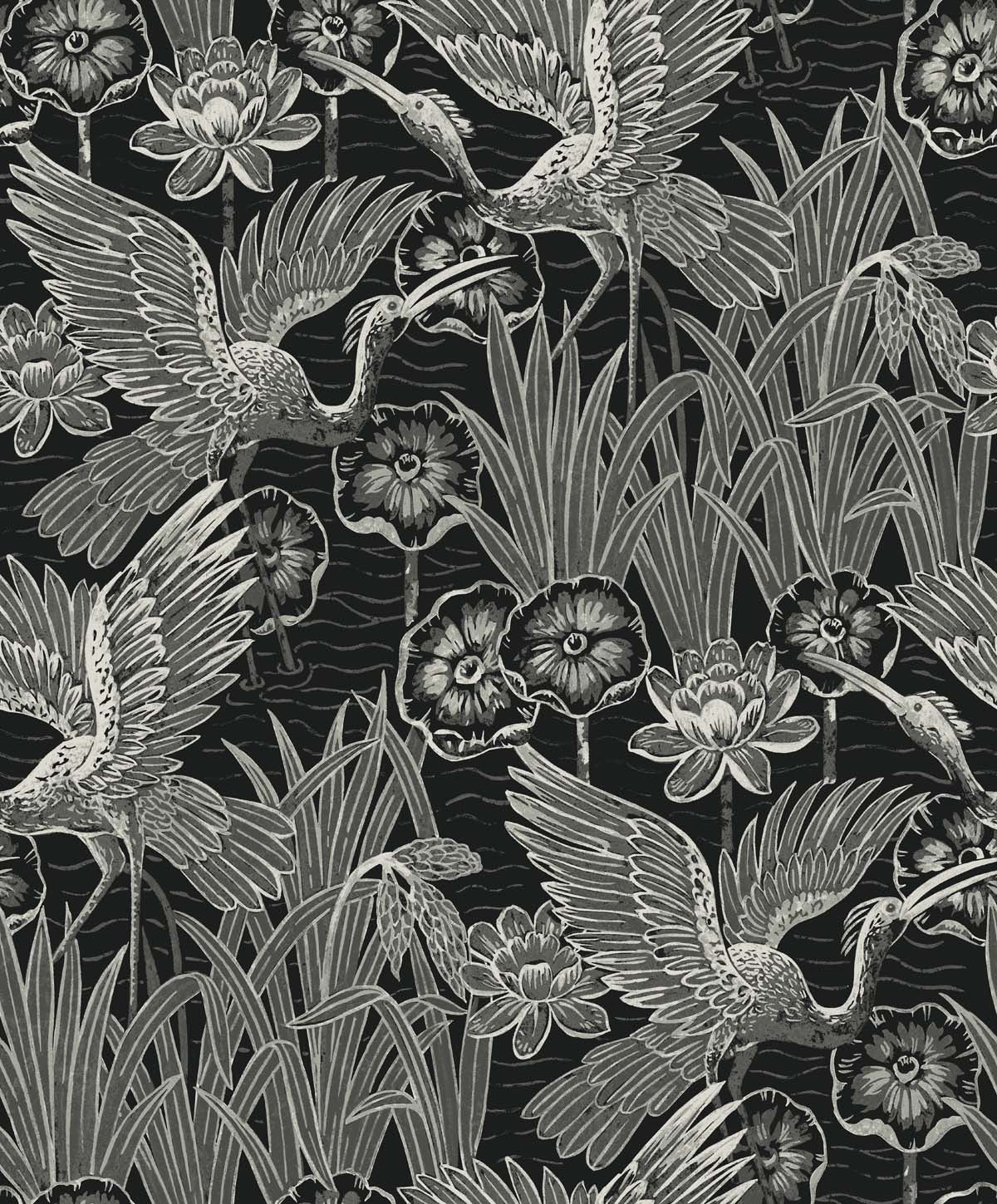Marsh Cranes wallpaper in Midnight with metallic crane and marsh motif