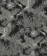 Marsh Cranes wallpaper in Midnight with metallic crane and marsh motif