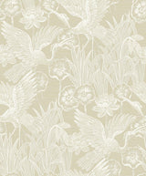 Marsh Cranes wallpaper in Shore beige with metallic finish, featuring cranes and marsh botanicals