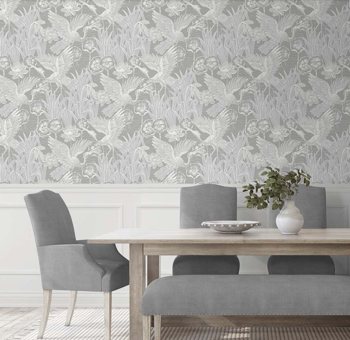 Marsh Cranes Anew Grey by White Heron Metallic Crane Wallpaper – Seabrook Designs EW11008