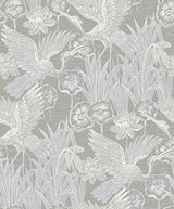 Marsh Cranes Anew Grey metallic wallpaper with crane and marsh floral motif