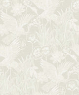 Marsh Cranes wallpaper in Daylight grey with metallic finish featuring cranes and marsh florals