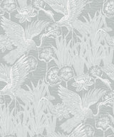 Marsh Cranes wallpaper in Mist grey with metallic finish featuring cranes, lotus flowers, and marsh grasses