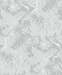 Marsh Cranes wallpaper in Mist grey with metallic finish featuring cranes, lotus flowers, and marsh grasses