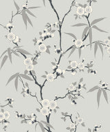 Floral Blossom Trail wallpaper in Stormy grey with delicate white blossoms and slender leaves on branching stems.
