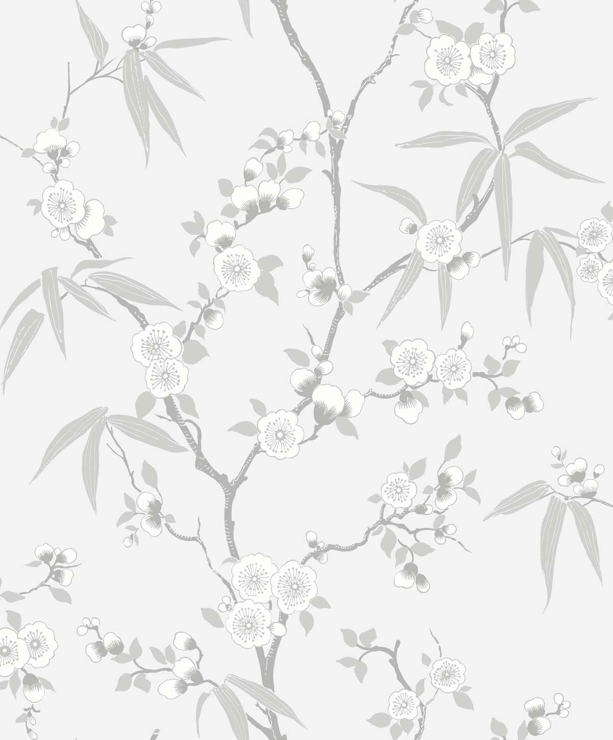 Soft grey floral blossom trail wallpaper with delicate branches and blossoms, matte finish