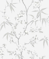 Soft grey floral blossom trail wallpaper with delicate branches and blossoms, matte finish