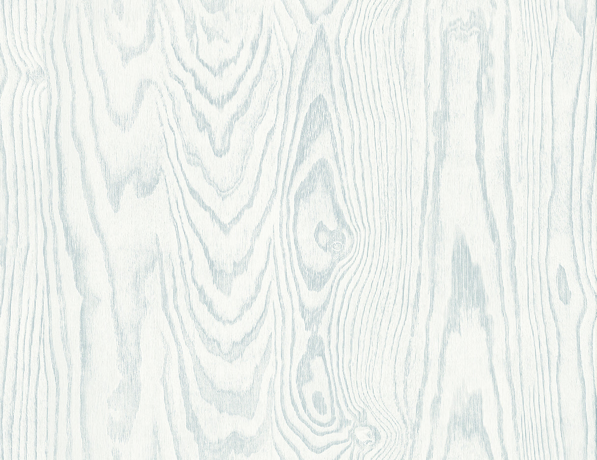 Soft blue faux woodgrain wallpaper with a subtle satin finish and realistic linear grain texture.