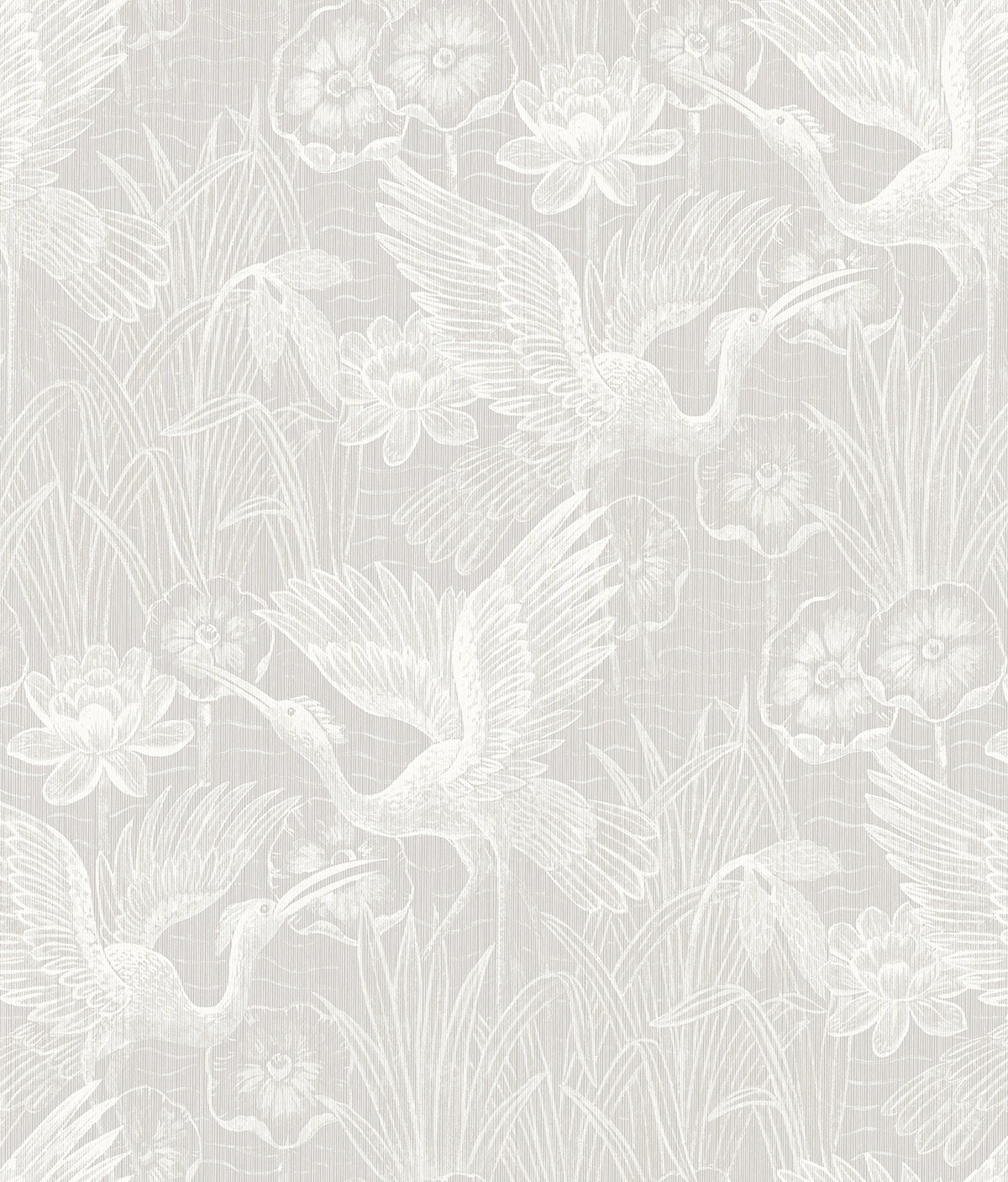 White Heron Floral wallpaper in Heron Neutral grey with herons and flowers