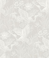 White Heron Floral wallpaper in Heron Neutral grey with herons and flowers