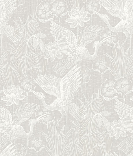 White Heron Floral wallpaper in Heron Neutral grey with herons and flowers