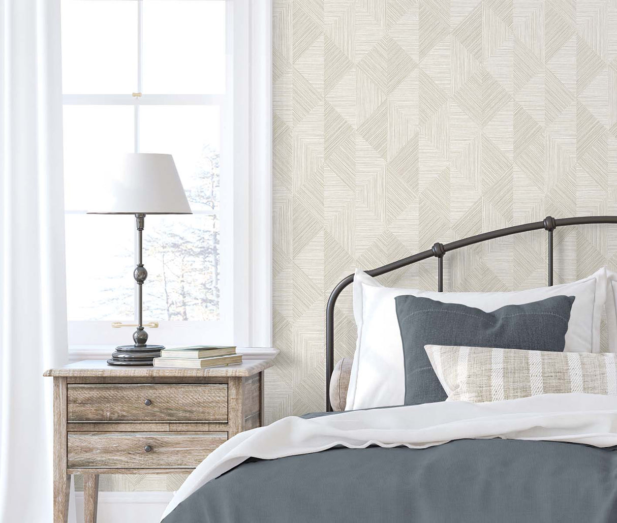Diamond Inlay Beige by White Heron Geometric Type II Vinyl Wallpaper – Seabrook Designs EW11707