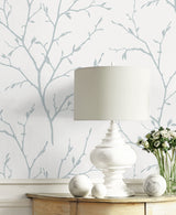 Branching Out Slate Blue by White Heron Botanical Branch Stringcloth Wallpaper – Seabrook Designs EW11802