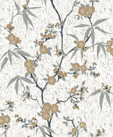 Blossom Cork wallpaper in Gold Chip with floral blossom branches on an off-white cork-textured ground