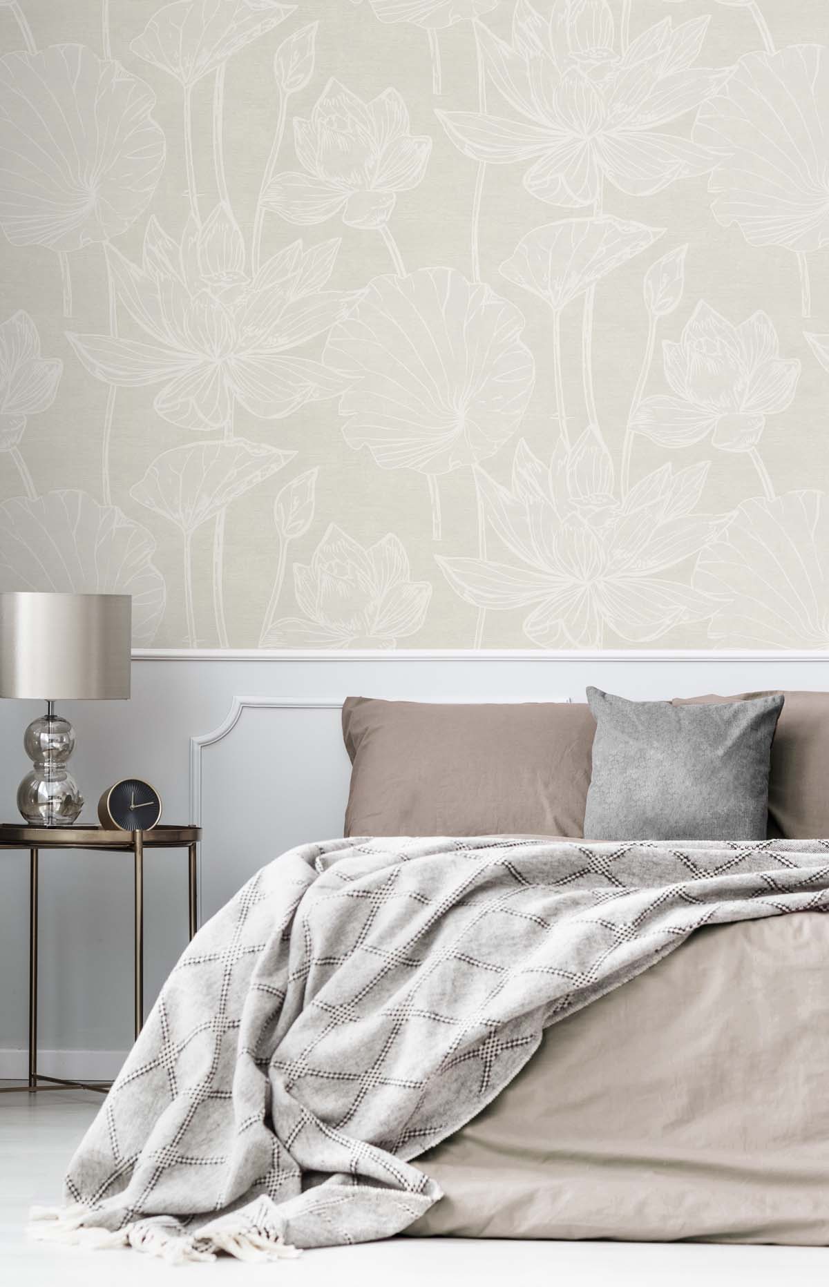 Water Lilies Beiges by White Heron Floral Wallpaper – Seabrook Designs EW12005