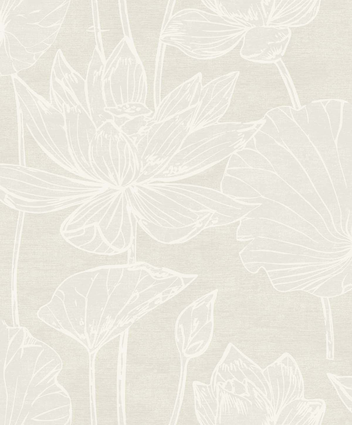 Water Lilies beige pearlescent floral wallpaper with line-drawn water lily blooms and leaves