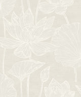 Water Lilies beige pearlescent floral wallpaper with line-drawn water lily blooms and leaves