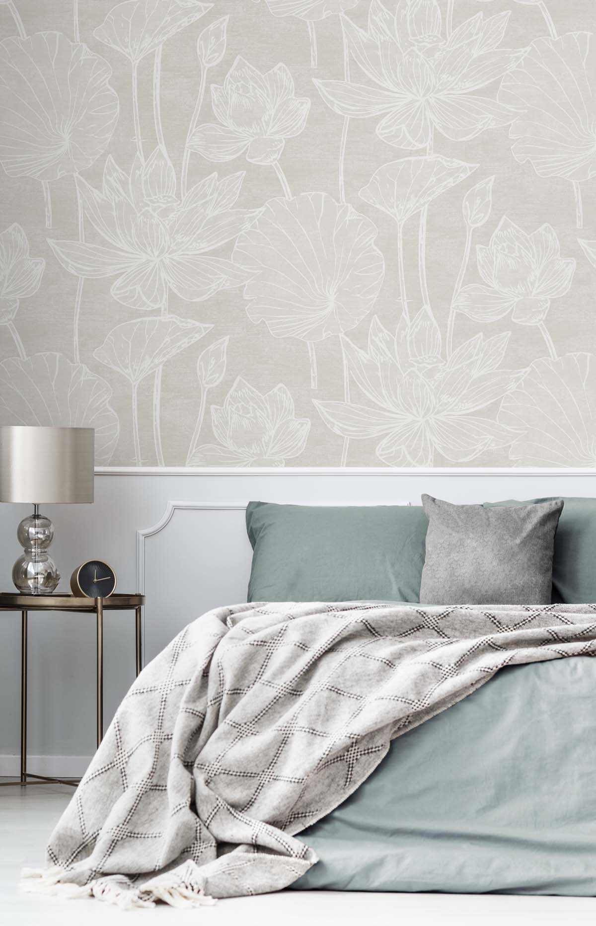 Water Lilies Antique Pearl by White Heron Floral Wallpaper – Seabrook Designs EW12007