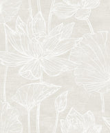 Water Lilies Antique Pearl floral wallpaper with line-drawn water lily blooms and leaves on a soft beige ground.