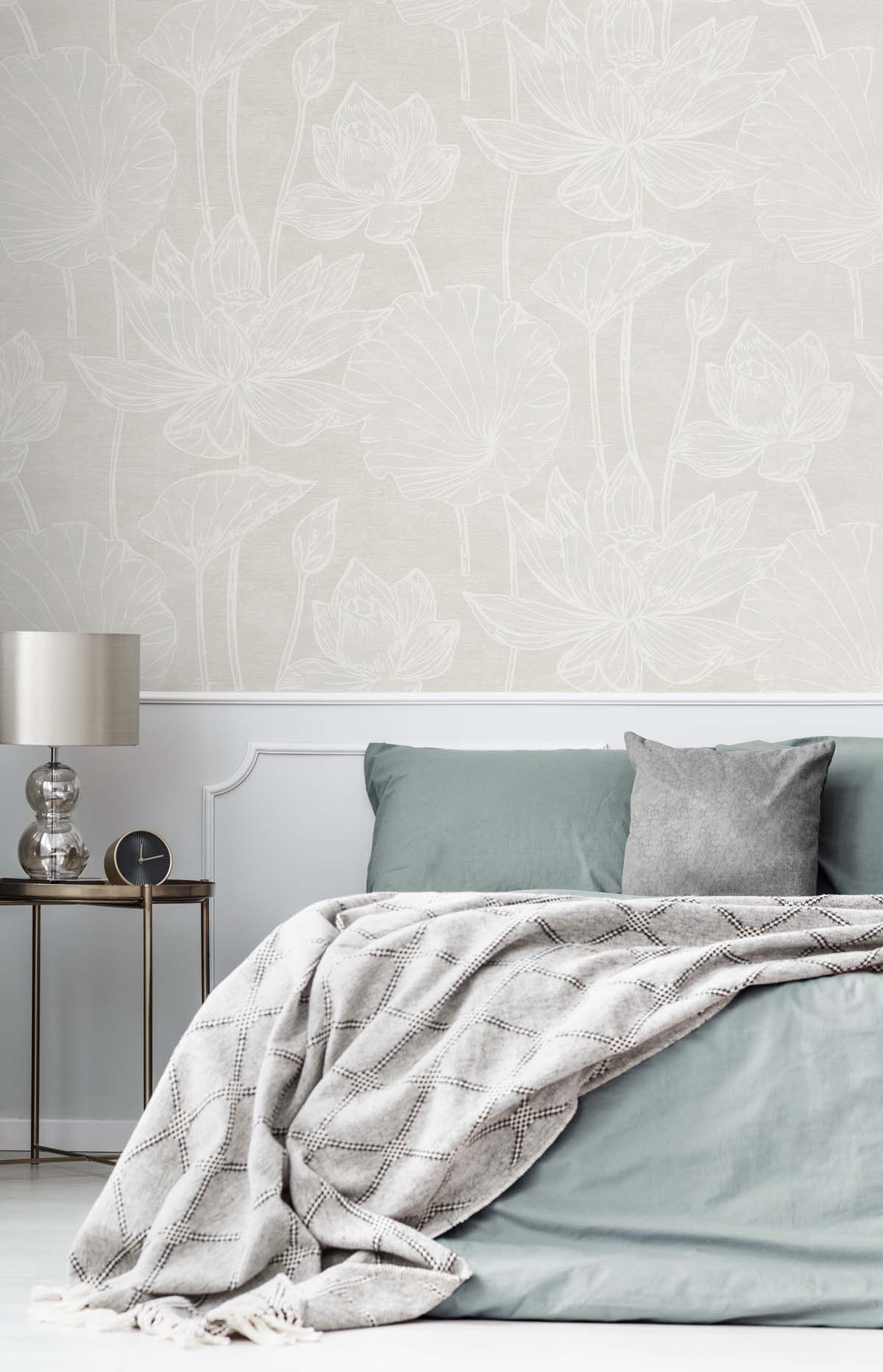 Water Lilies White Pearl by White Heron Floral Wallpaper – Seabrook Designs EW12015