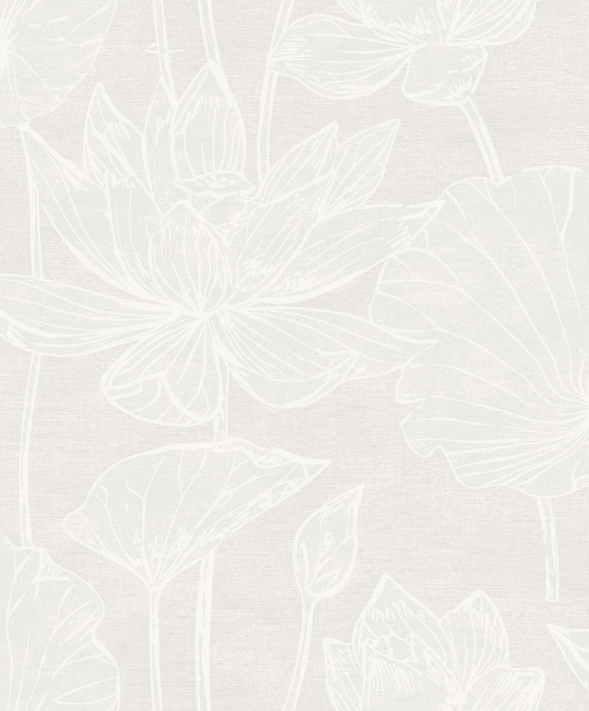 Water Lilies wallpaper in White Pearl featuring large lotus and lily linework on a softly textured ground