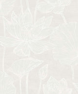 Water Lilies wallpaper in White Pearl featuring large lotus and lily linework on a softly textured ground