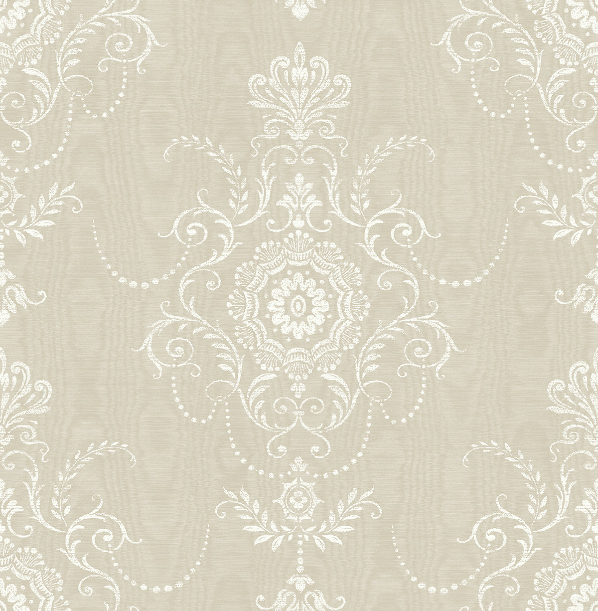 Colette damask wallpaper in Fog (beige neutral) with ornate white scrolling medallion motifs, matte finish.