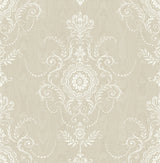 Colette damask wallpaper in Fog (beige neutral) with ornate white scrolling medallion motifs, matte finish.