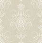 Colette damask wallpaper in Fog (beige neutral) with ornate white scrolling medallion motifs, matte finish.