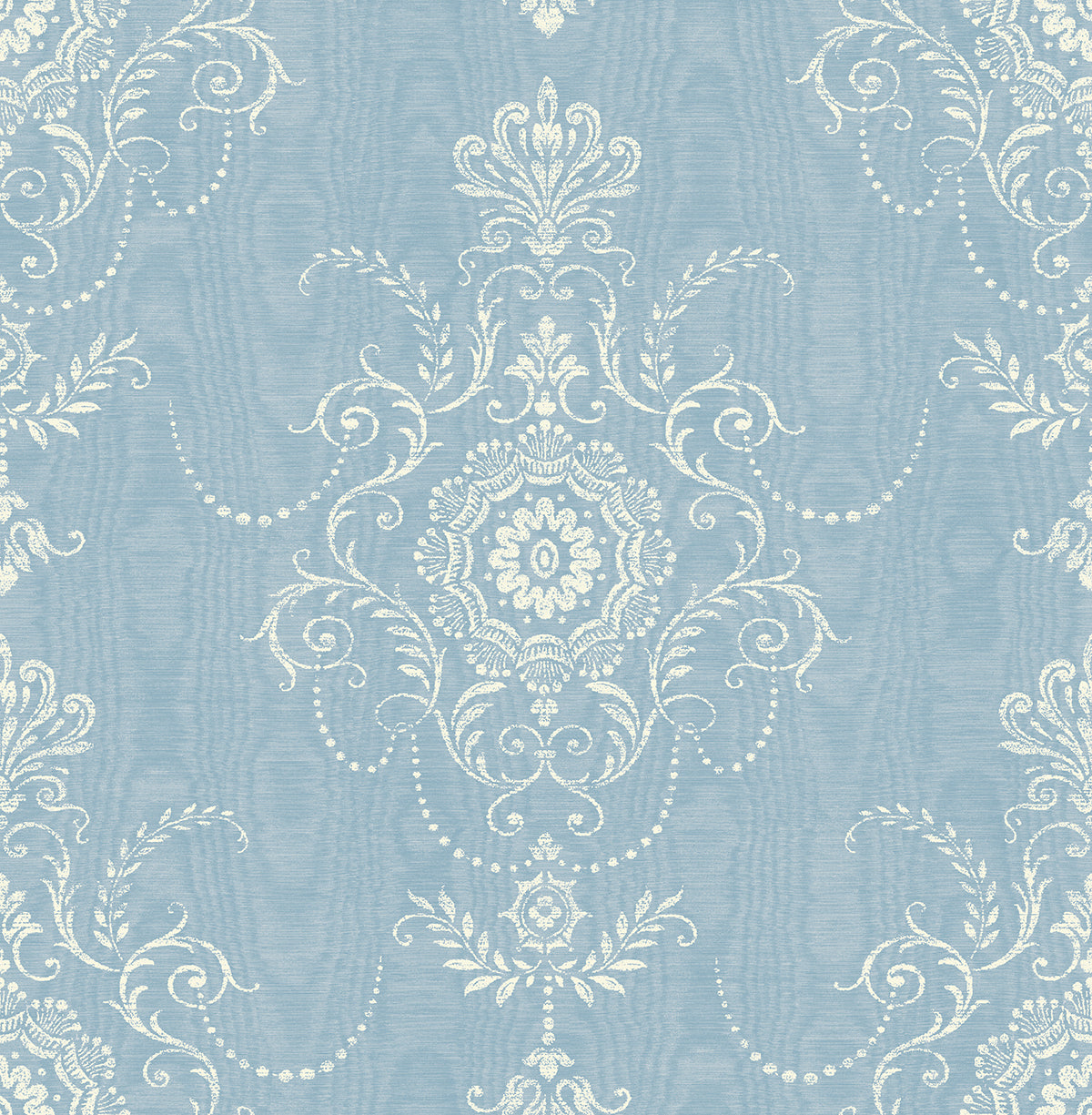 Colette Cameo damask wallpaper in Bleu Bisque blue with ornate white scroll motifs, matte finish