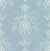 Colette Cameo damask wallpaper in Bleu Bisque blue with ornate white scroll motifs, matte finish