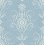 Colette Cameo damask wallpaper in Bleu Bisque blue with ornate white scroll motifs, matte finish