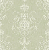 Colette Cameo washed green damask wallpaper pattern with white ornamental motifs