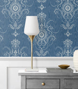 Colette Cameo French Blue by French Country Damask Wallpaper – Seabrook Designs FC60312