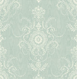 Colette Summer Sky damask wallpaper in pale blue with white ornamental medallions