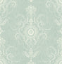 Colette Summer Sky damask wallpaper in pale blue with white ornamental medallions