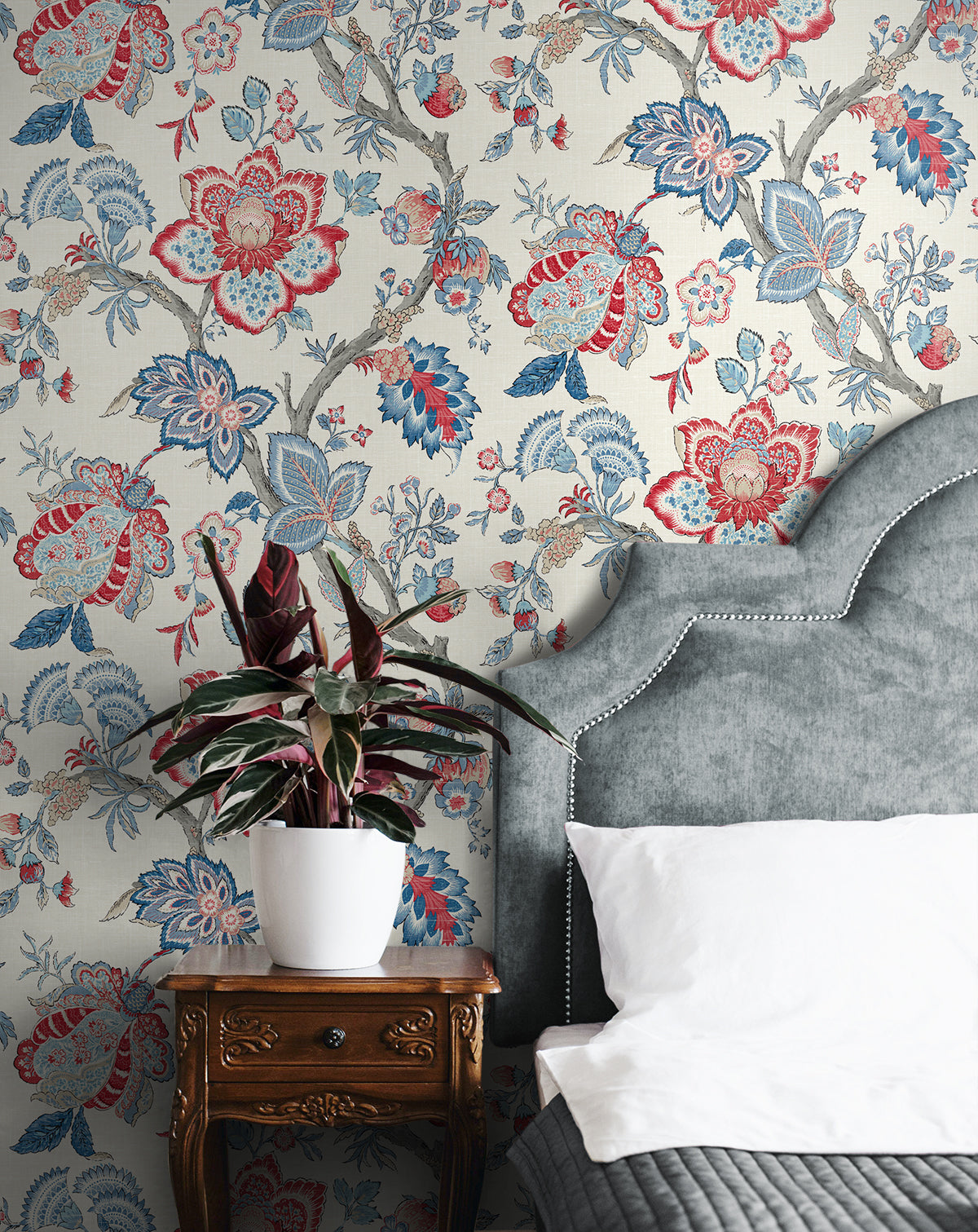 Bernadette Jacobean French Blue & Antique Ruby by French Country Floral Wallpaper – Seabrook Designs FC60401