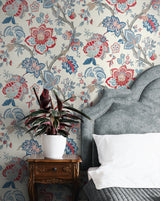 Bernadette Jacobean French Blue & Antique Ruby by French Country Floral Wallpaper – Seabrook Designs FC60401