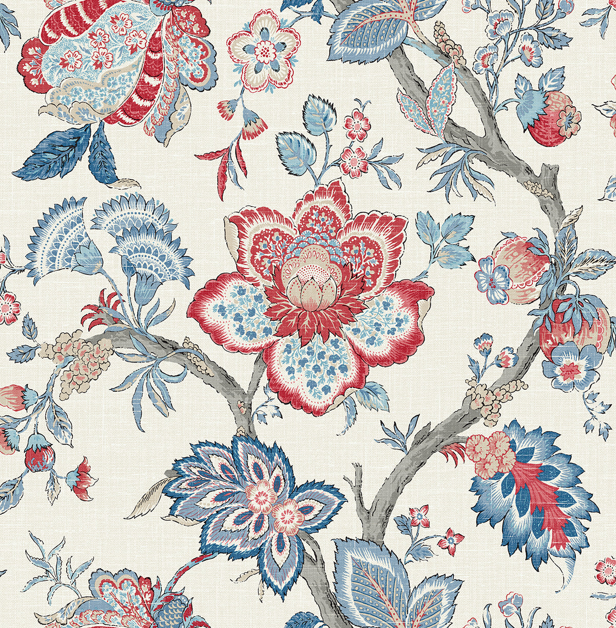 Bernadette Jacobean floral wallpaper in French blue and antique ruby on a light neutral ground