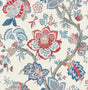 Bernadette Jacobean floral wallpaper in French blue and antique ruby on a light neutral ground